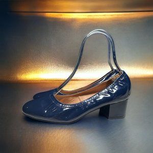 Jeffery Campbell Navy Blue Block Round Toe Patent Leather Heels